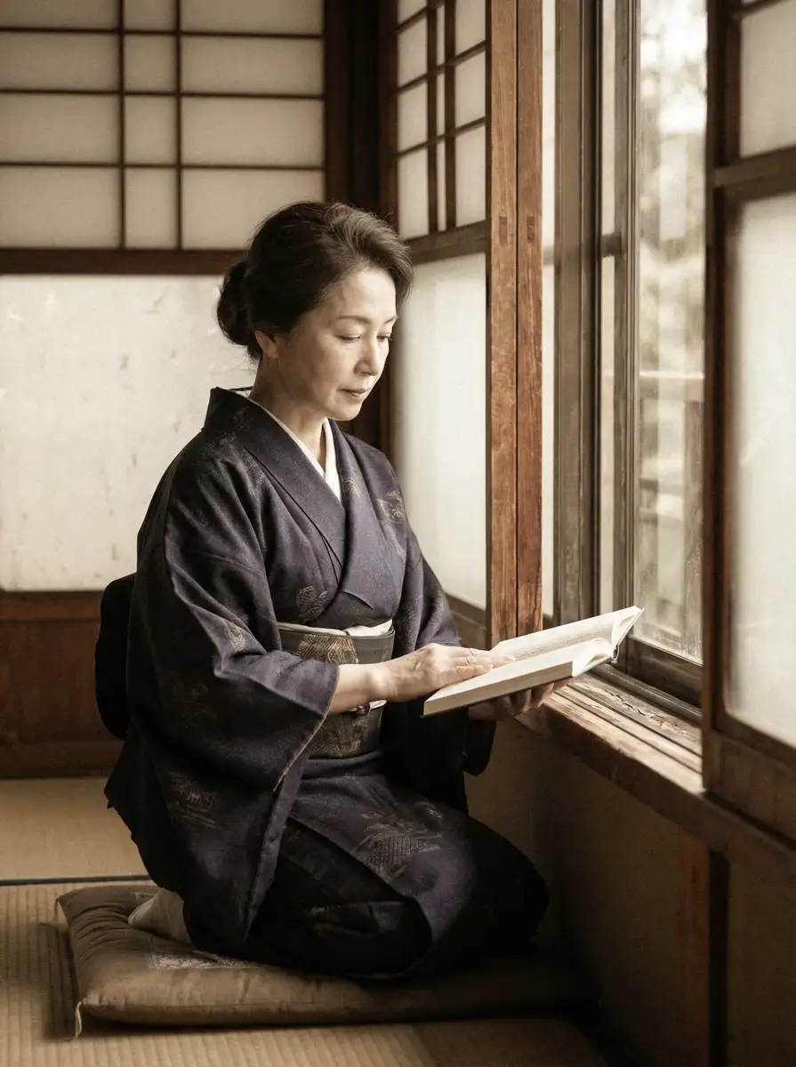 一位优雅的五十岁 杏彩体育平台 身穿深蓝色和服，在窗边静读