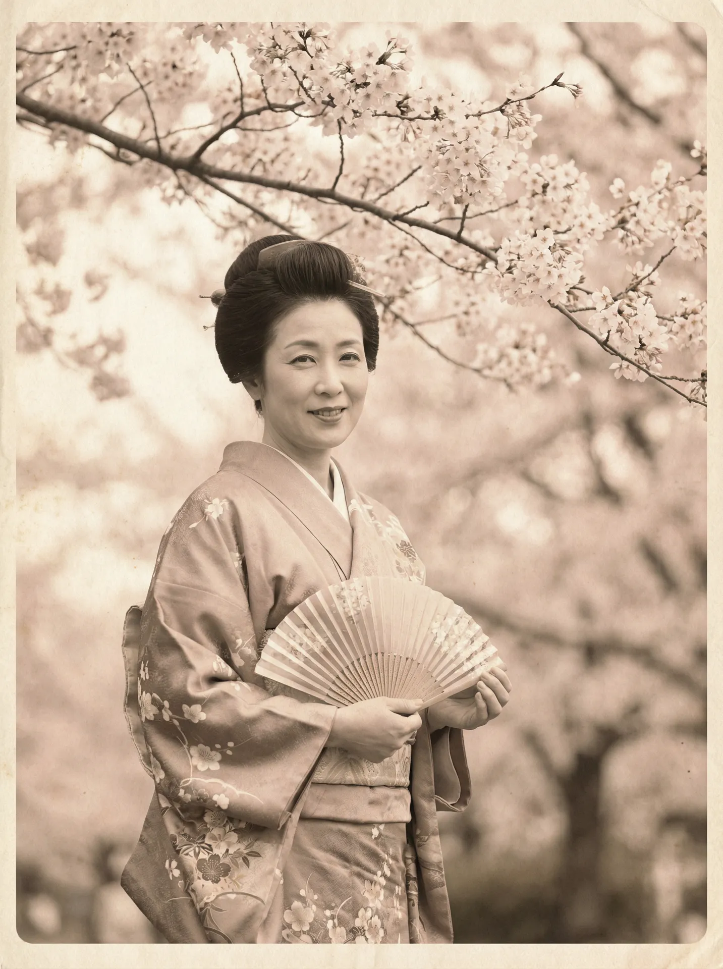 一位持扇的优雅 杏彩体育平台 在樱花树下的复古写真