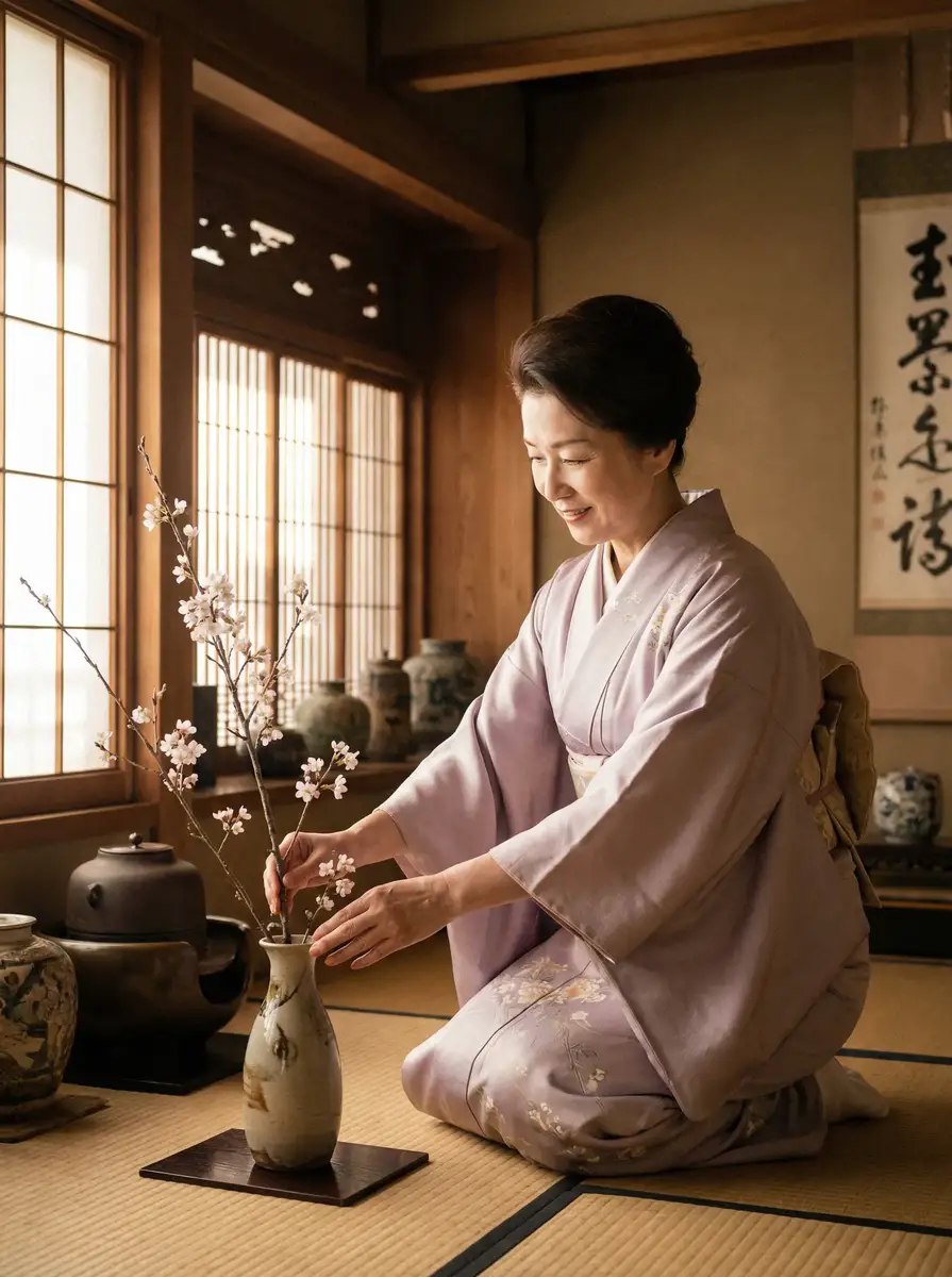 一位优雅的 杏彩体育平台 在和室中插花